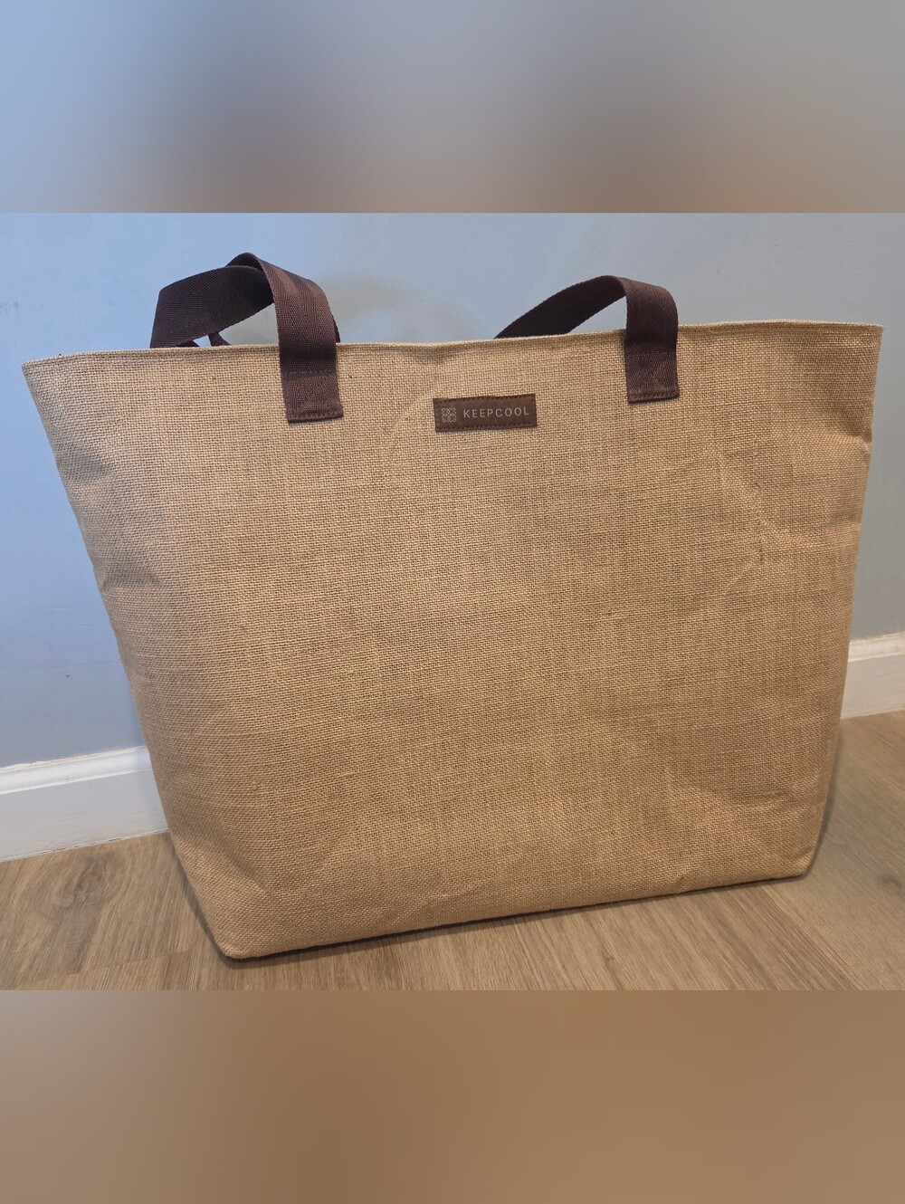 Keep Cool Tan XL Insulated Cooler Bag, Thick Woven Burlap Durable Zipper Top EUC